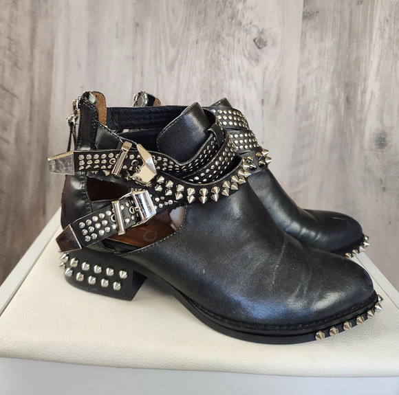 Jeffrey Campbell Everly Silver Spike  Embellished Buckle Boots Black Washed Sz 7 - Picture 8 of 11